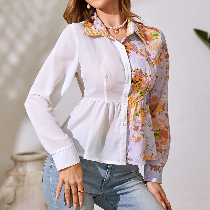 

Women's Floral Print Patchwork Elegant Shirt, Spring, Summer Casual Blouse for Female, Long Sleeve, Turn Down Collar, High Waist