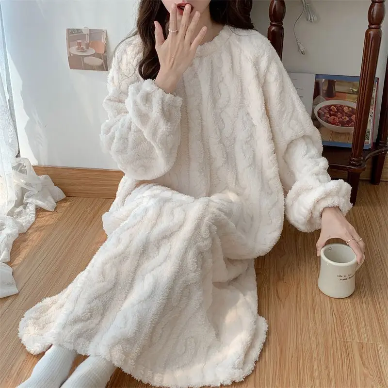 Fleece Women Nightgown Korean Warm Sleepwear Winter Night Dress Knee Length  One Piece Pajamas Solid Casual Home Wear 2024 New - AliExpress 200574005