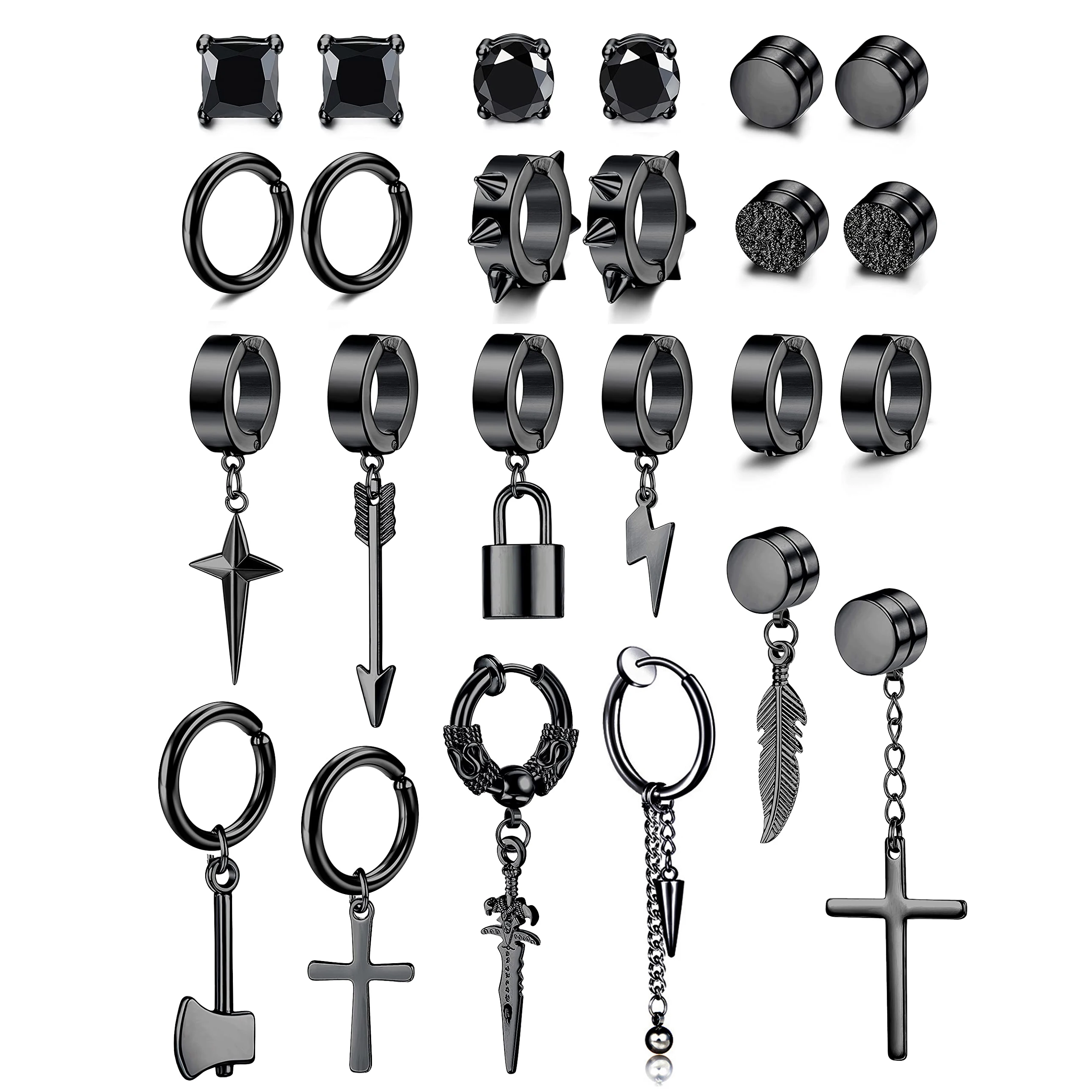 2 Pcs Black Stainless Steel Fake Clip on Earrings Cross Chain Dangle Earrings Non Pierced Huggie Hoop for Men Women hoop earrings ear clip earrings clip earrings ear clip ear accessories