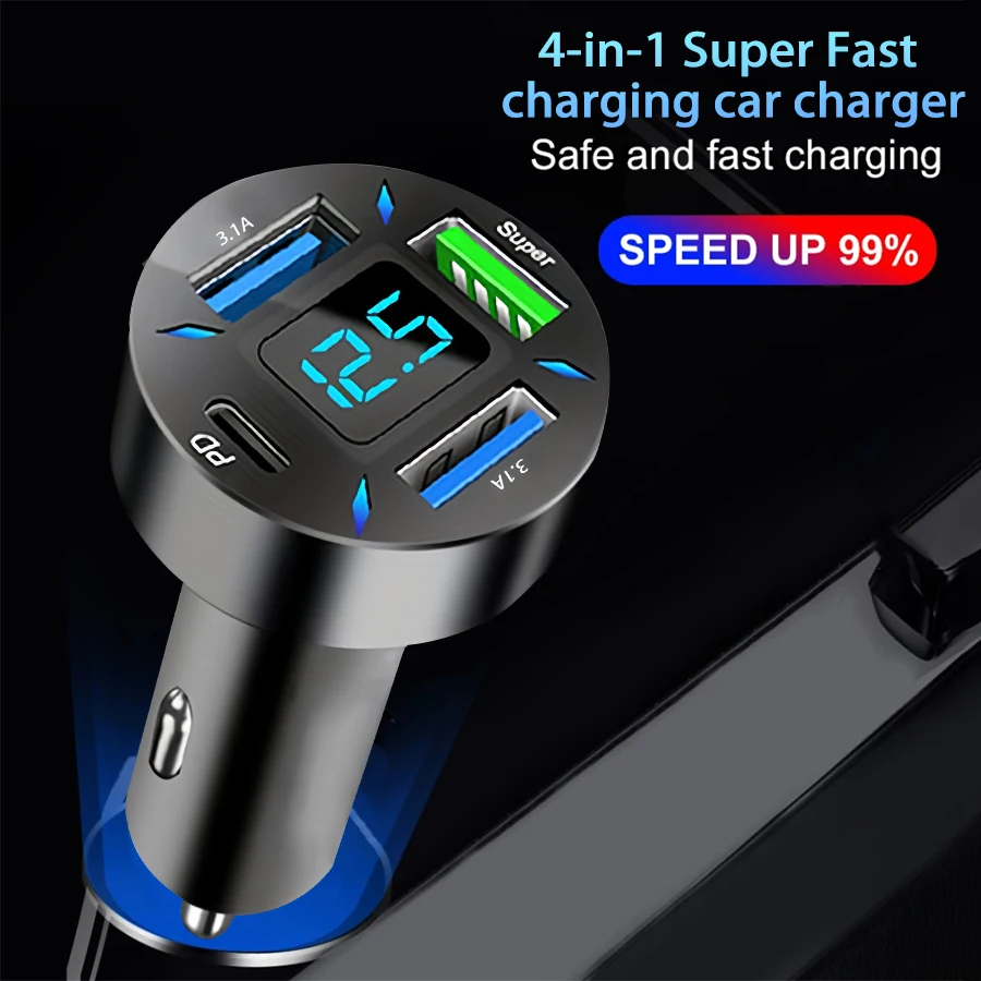 4-in-1 Multi-Port Car Charger With Digital Display Voltage Detection Multi-Function Fast USB+TYPE C Speed Charging