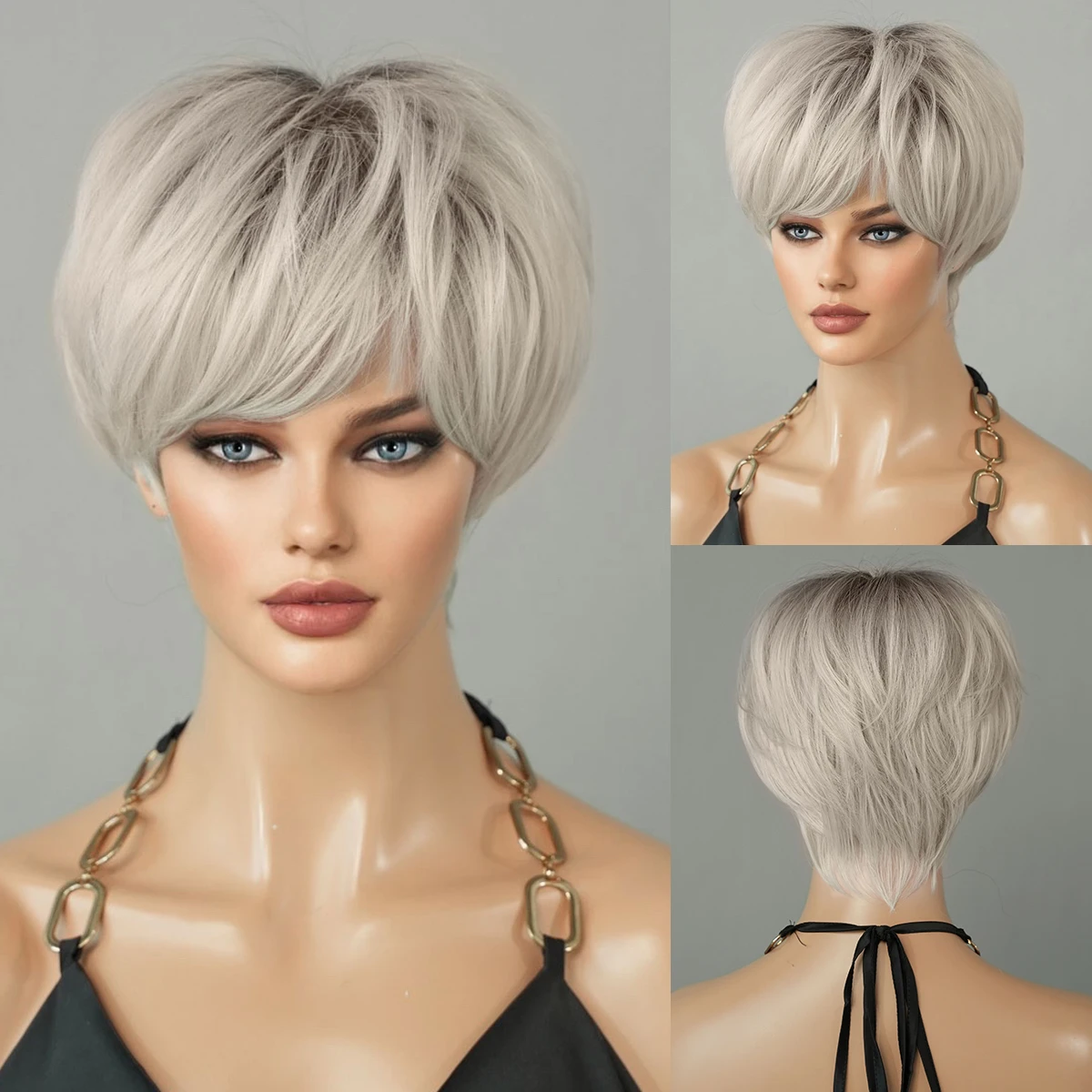 PARK YUN Silver Ash Short Straight Champagne Bob Wig for Women High Density Synthetic Hair Wigs with Dark Roots 10Inches