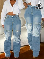 Plus-size women's straight-leg cargo jeans, stylish and versatile, with pockets and a high-waisted stretch design. - Image 4