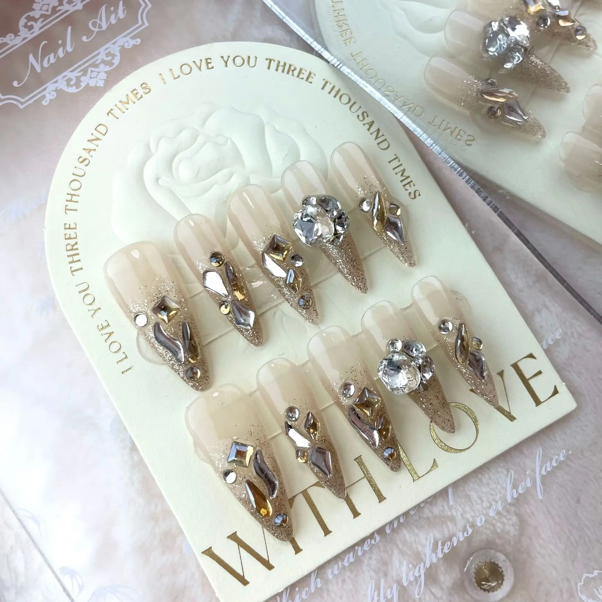 

Stilleto Press On Nail Handmade Long With Charms Designed Fake Nails Full Cover Professional Glitter Nails For Women and Gril