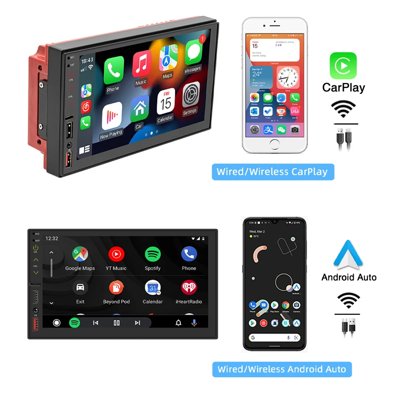 2 Din Car Radio Apple CarPlay Wireless Android-Auto Bluetooth MP5  Multimedia Player Handsfree USB Audio System Head Unit FS02W