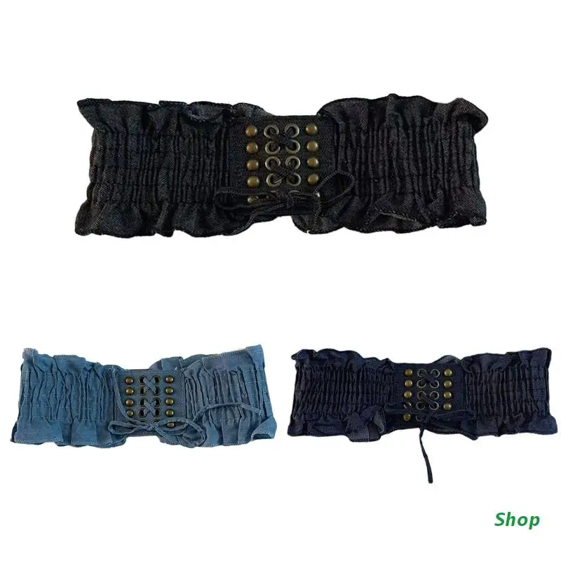 

L5YC Denim Elastic Belt Corset Waist Belt Lace Up Waistband Waist Cincher Belt