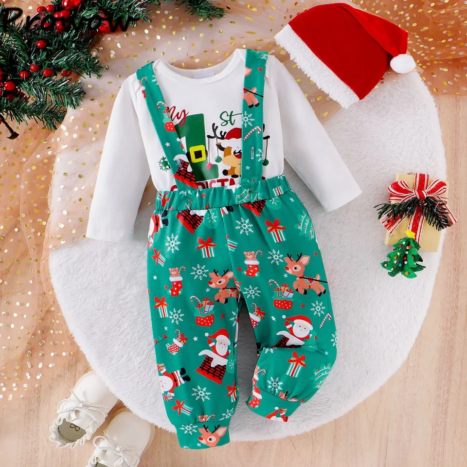 Baby Boys Christmas Outfits Letter Bodysuit+Suspender Plaid Pants+Xmas Hat  Newborns Christmas Sets My First New Year Costume - AliExpress 1501