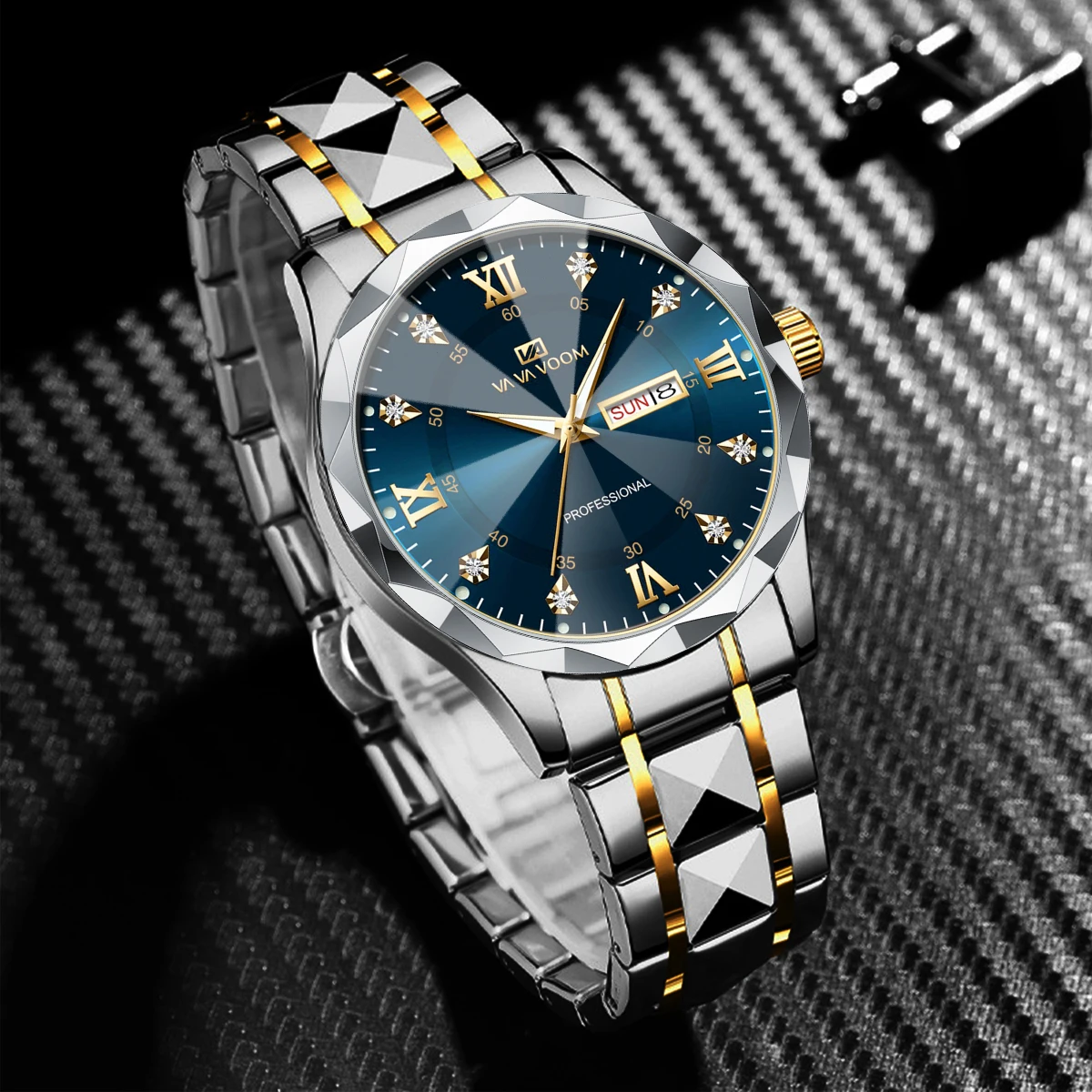 Men Watch Water Diamond Luxury Night Glow Double Calendar Quartz Movement 41mm Blue Gold Stainless Steel Fashion Business Watch 3