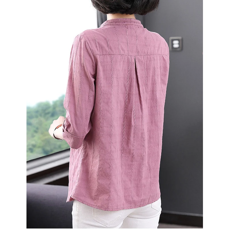 Summer Autumn Solid Color Cotton Linen Casual Female Blouse Plaid 3/4 Sleeve Oversized Lady Shirt Fashion Simple Loose Top Women