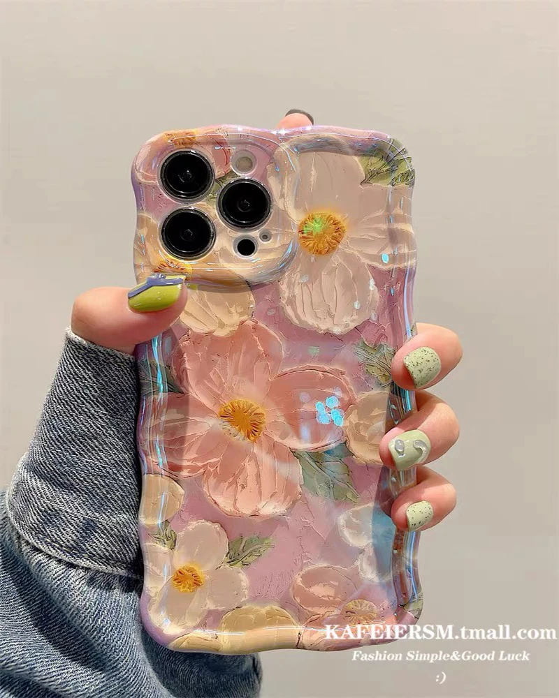 thumbnail image 1 of Funda de teléfono de lujo con pintura al óleo de luz azul láser y flores para iPhone 16, 15, 14, 11, 12, 13 Pro Max, marco ondulado, a prueba de golpes, 1 of 5