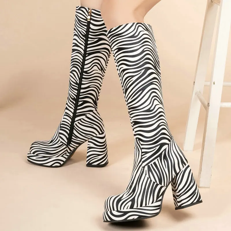 

Animal Zebra Leopard Print Winter Mature Warm Shoes Platform Zip Up Sexy Knee-high Chunky High Heels Western Rome Women Boots