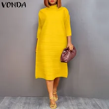 

Holiday Dress VONDA Women Elegant High Neck Office Midi Dress 2022 Vintage Side Slit 3/4 Sleeve Party Vestido Feminina Robe