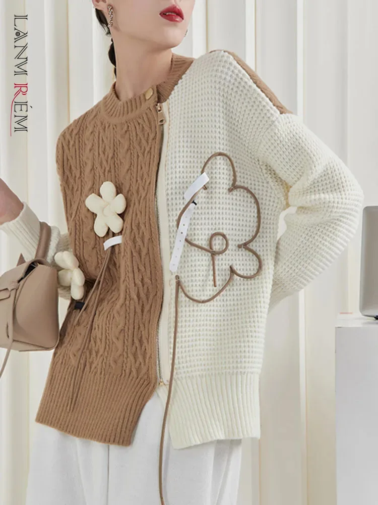 

LANMREM Zipper Stitching Sweater Color Block Soft Three-dimensional Flower Chic Design Knitted Top 2024 Spring Winter 2R3769