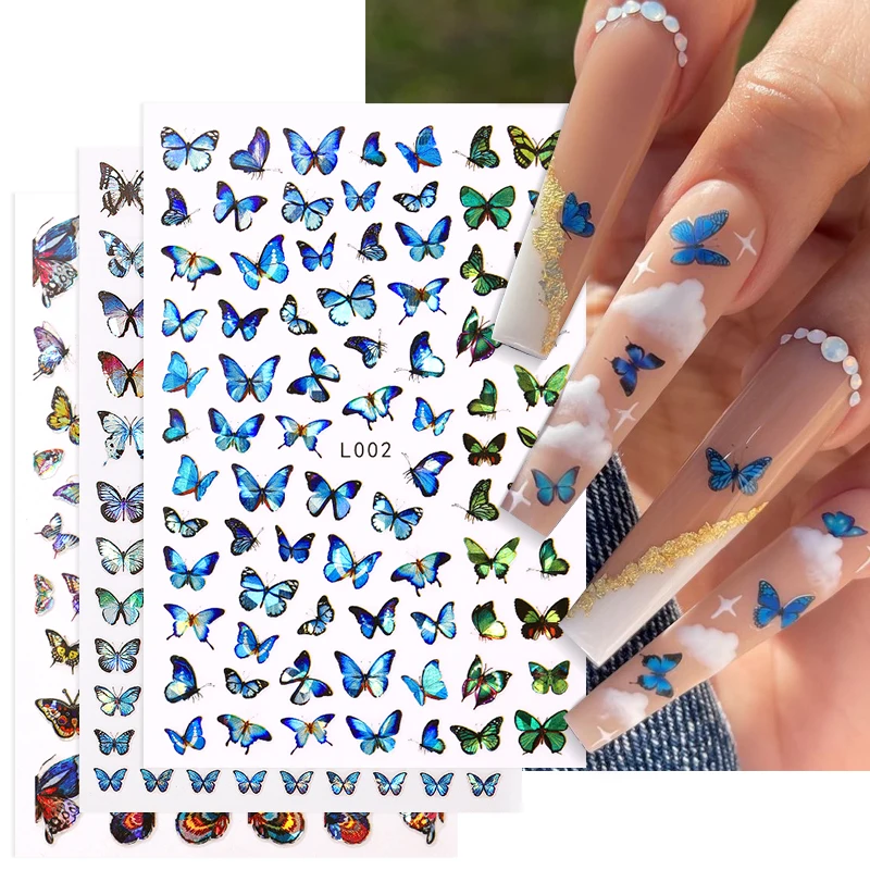 3D Nail Stickers Colorful Blue Butterfly Self-Adhesive Slider Spring Wraps Nail Art Decorations Decals Manicure Accessories 1PC nail stickers nail art decoration nail decals