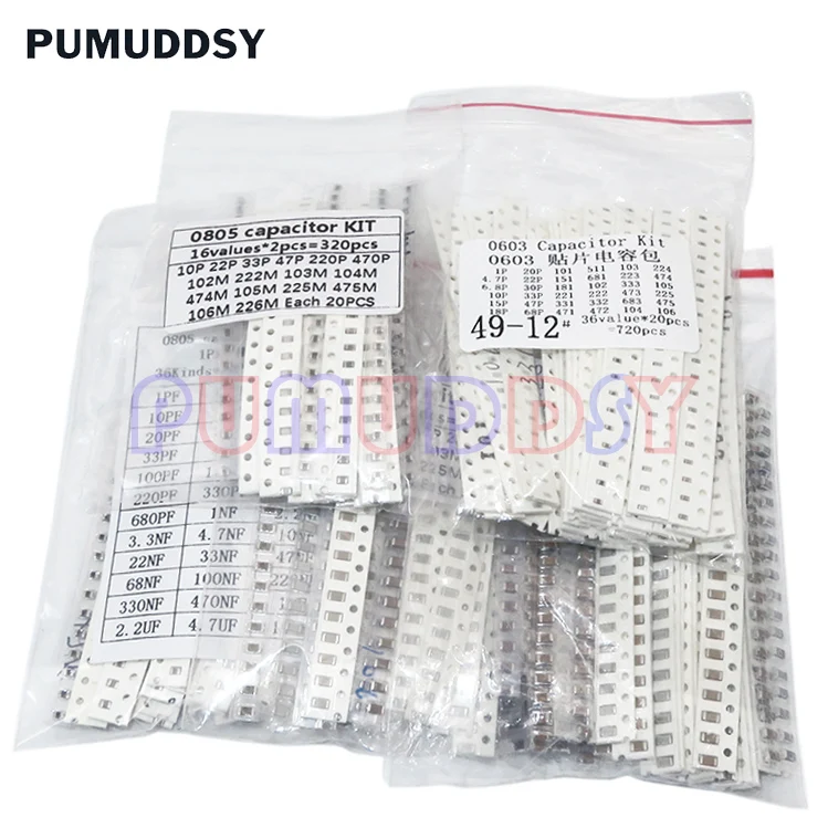 SMD Capacitor Kit 320PCS 720PCS 2500PCS 0603 0805 1206 Assorted Kit 16/36/50Values PUMUDSY 1PF ~ 1UF smd capacitor