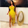 Robe d'anniversaire élégante à volants et franges pour femmes, tenue de soirée longue de célébrité, irrégulière, sans bretelles, sans manches, 2024