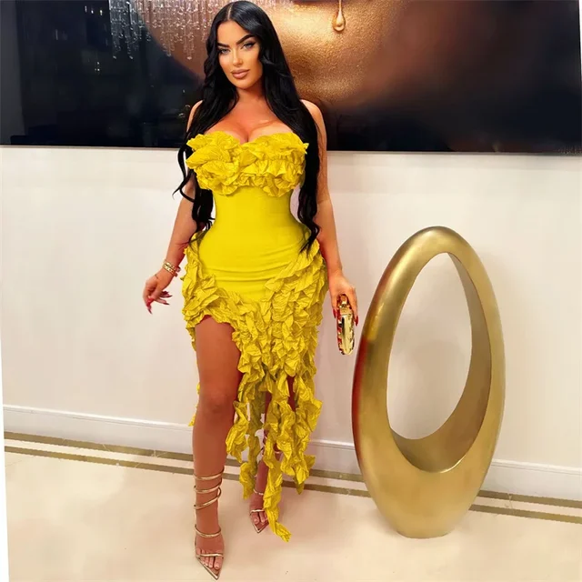 Robe d'anniversaire élégante à volants et franges pour femmes, tenue de soirée longue de célébrité, irrégulière, sans bretelles, sans manches, 2024