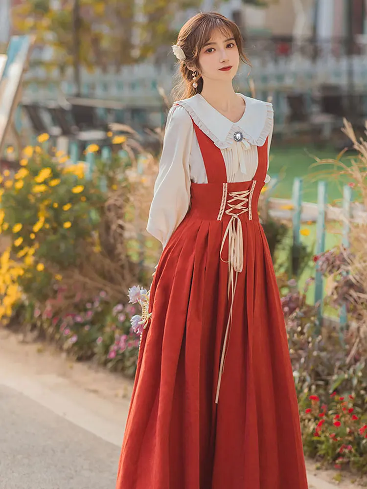 

New women's retro academy style doll collar lantern sleeve strap slim long dress literary girl dress set two sets