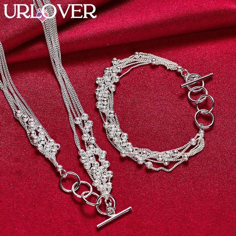 

URLOVER 2pcs/lot 925 Sterling Silver Frosted beads Chain Necklace Bracelets Set For Woman Party Wedding Birthday Fashion Jewelry