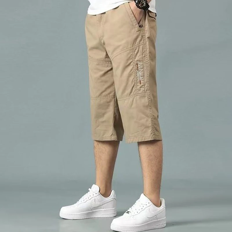 Summer Loose Casual Elastic Waist Drawstring Pure Cotton Knee Length Shorts Male Solid Color Fashion All-match Straight Trousers