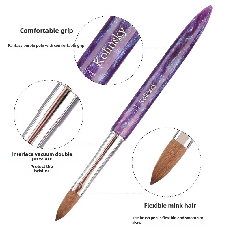 Zhizhuang Top Quality Nails Brush Purple Wood Handle Crimped Acrylic Nail Brush 100% Pure Kolinsky with Box for Manicure Powder 2