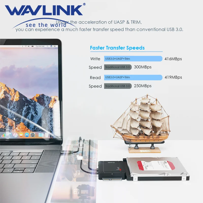 WAVLINKUSBCtoDualBaySATAAdapterExternalHardDriveConnectorOfflineCloningFunction