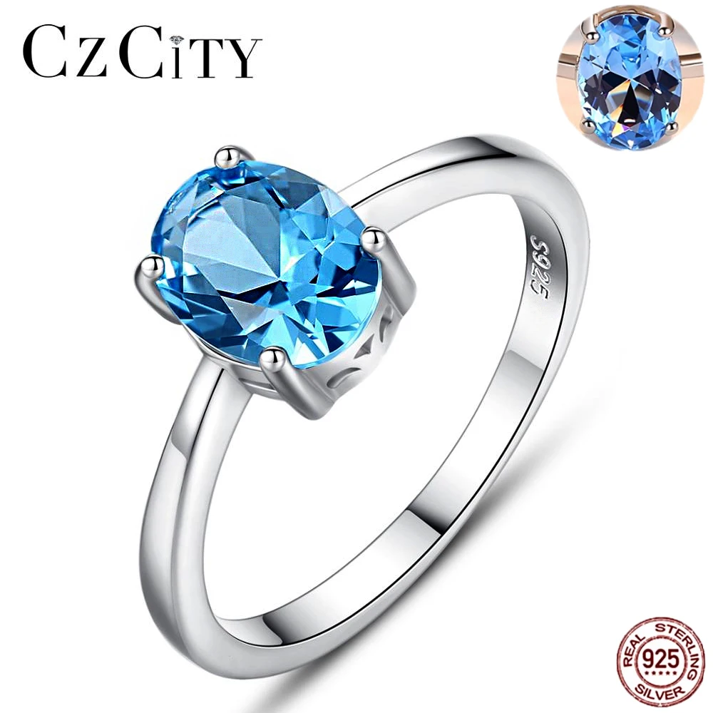 CZCITY Rings for Women 925 Sterling Silver Ring Fine Blue Natrual Topaz Wedding Bands Classic Trendy Party Anniversary Jewelry