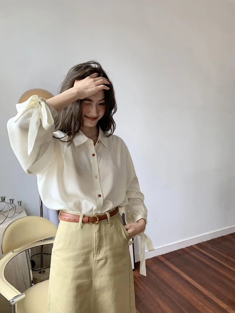 Korean Fashion Tie Loose Lapel Shirt for Women 2024 New Solid Color Design with Unique Drape Feeling Shirt Top Female Clothing