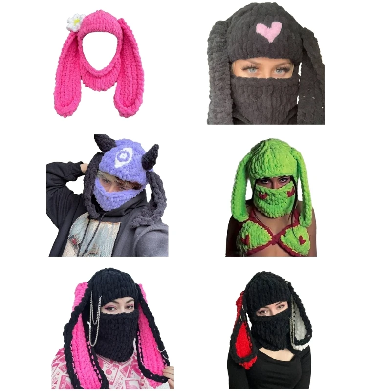 참신 토끼 귀 모자 니트 Balaclava 비니 모자 여성 야외 스키 하이킹 모자 드롭 배송