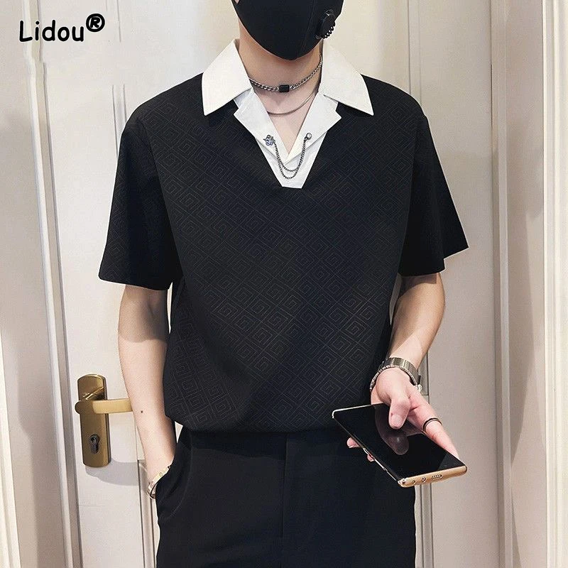 

Pullovers Loose Handsome Solid T-Shirts Spring Summer Short Sleeve Patchwork Man Turn-down Collar Fashion Casual Men's Clothing
