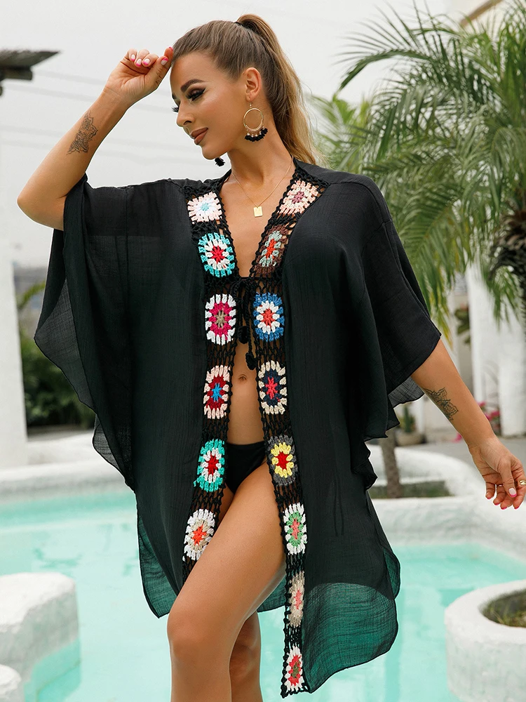Summer Bohemian Unfixed Knitted Flower Beachwear Woman Summer Cardigan Dress Short Sleeve Black Bathing Suit Cover Up Beachwear 1