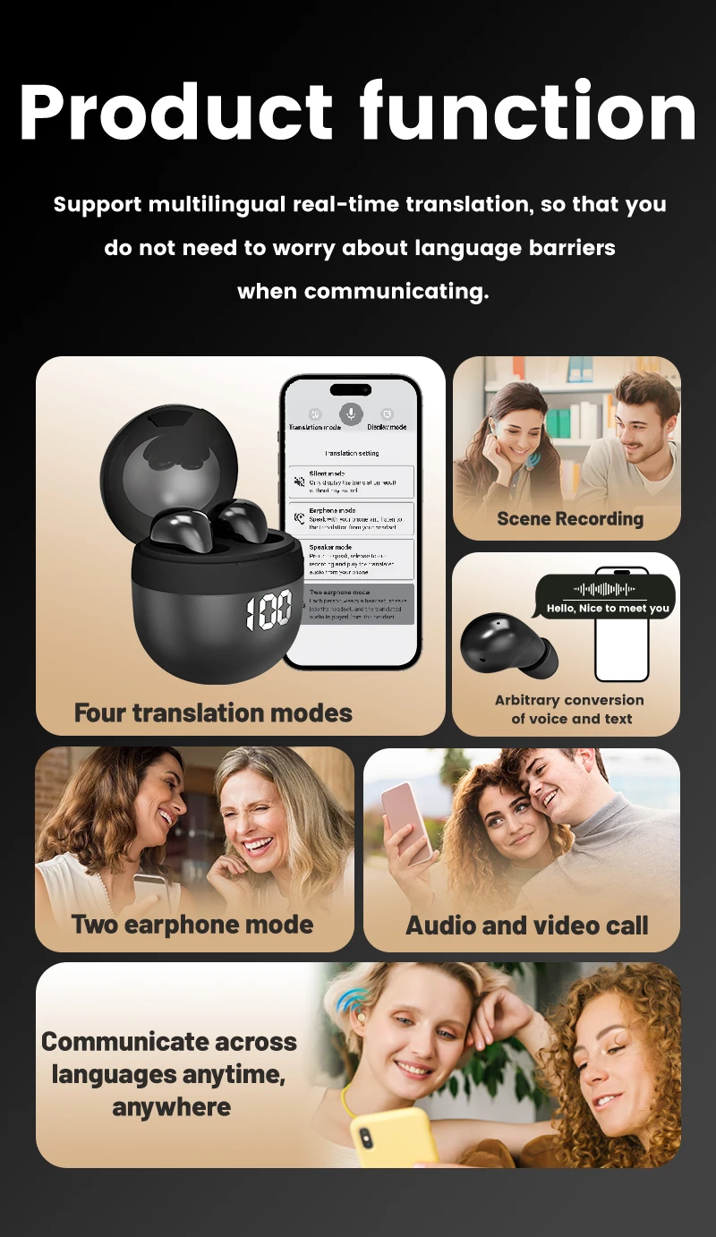 AI Earphone Bass Sleep Earbuds Wireless Bluetooth Headset HD Call Wireless Headphones Business Office Travel Shopping Translate