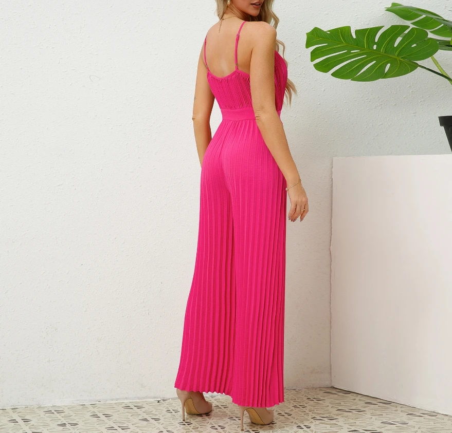 2024 Summer for Women Loose Fitting Jumpsuit Fashionable and Sexy Camisole V-Neck Camisole Pleated Commuting Style Jumpsuit