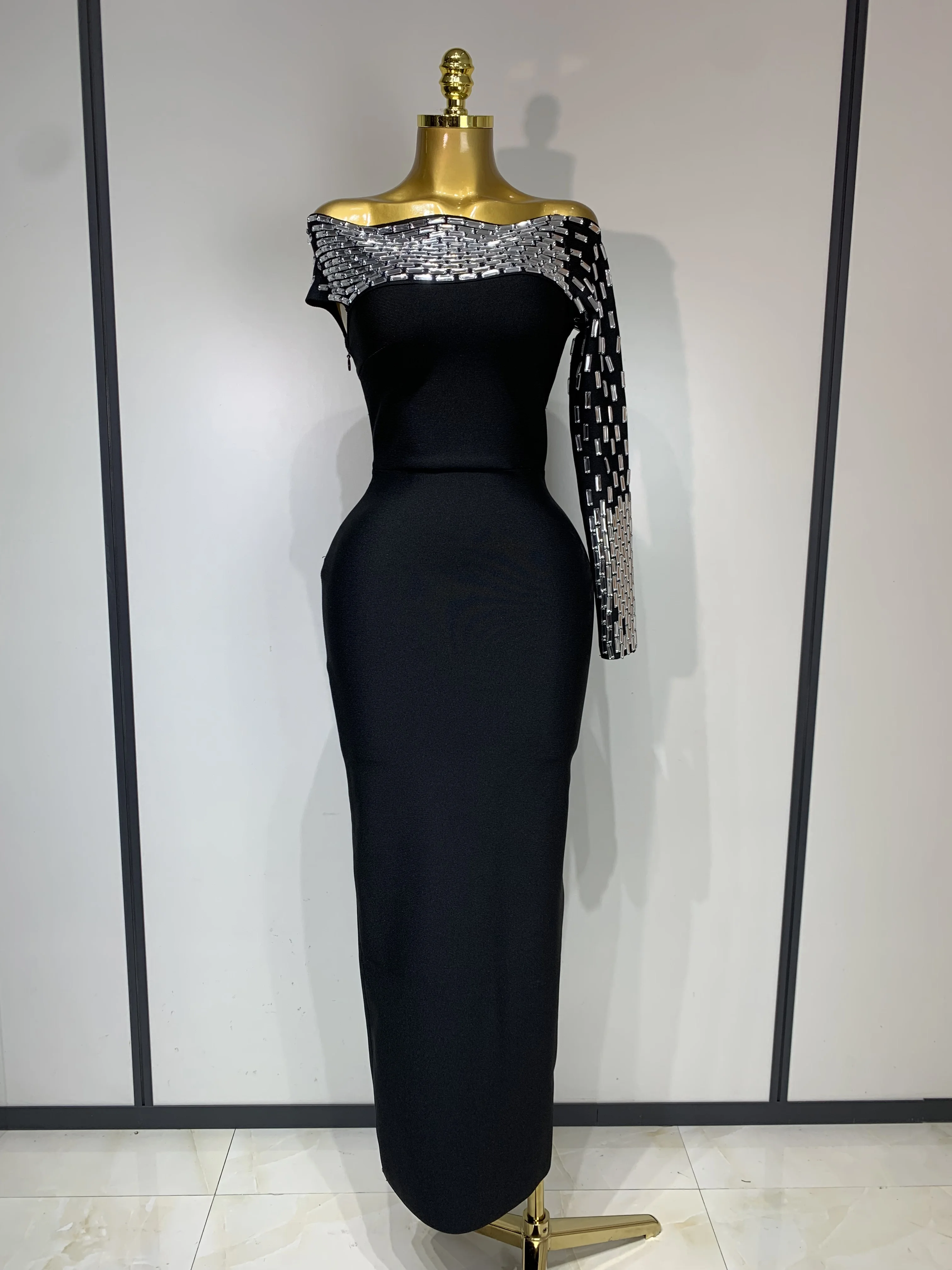 Women Celebrity Sexy Off-shoulder Diamonds Black Maxi Long Bandage Dress  Evening Party Celebirty Elegant Stage Performance Dress - AliExpress  200000345