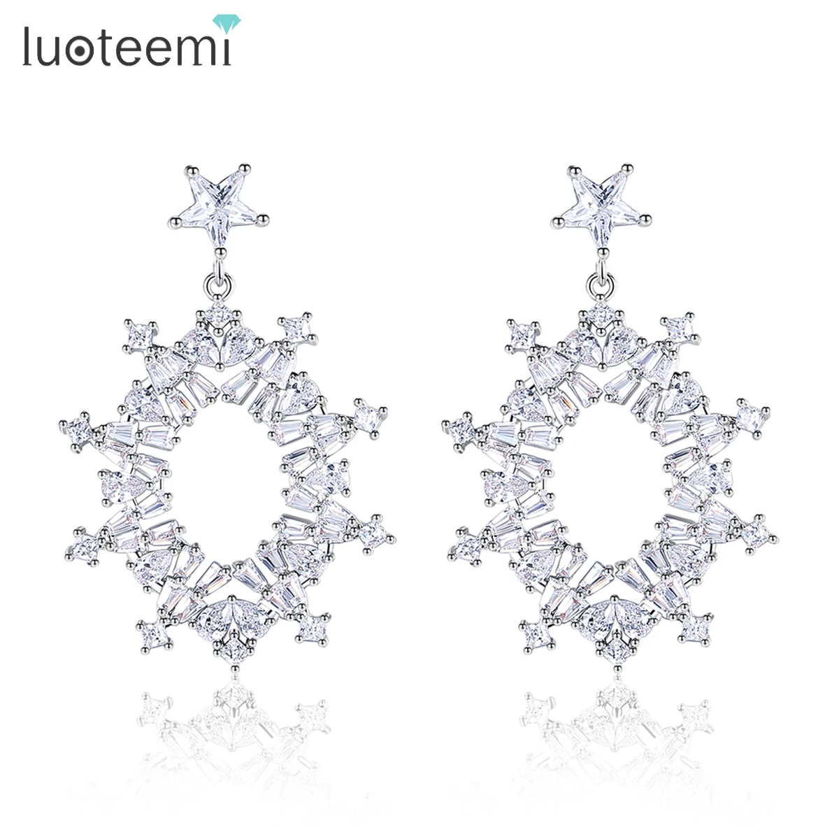 

LUOTEEMI Korean Fashion Multi-stars Zirconia Drop Earrings for Women Big Oval Round Shape Chandelier Wedding Bridal Accessories