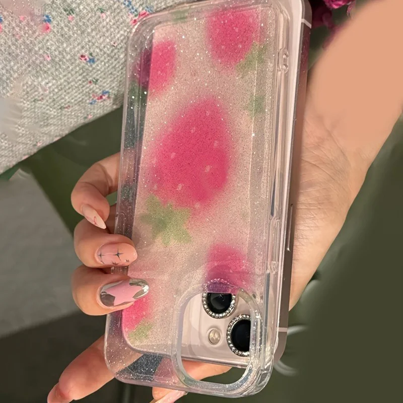 Cute Glitter Strawberry Clear Phone Case - Lovely Bowknot Soft Cover