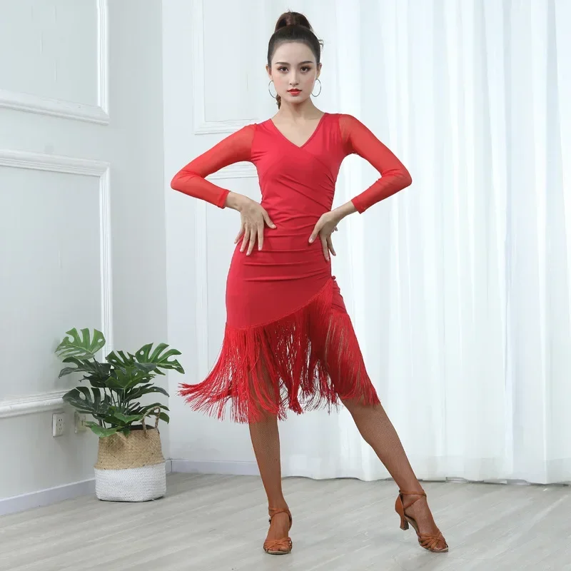 Sexy Long Short-Sleeve Latin Dance One-Piece Dress Women Ballroom Tango Cha Cha Dance Skirt Latin Competition Dress Dance Dress Dance Skirt