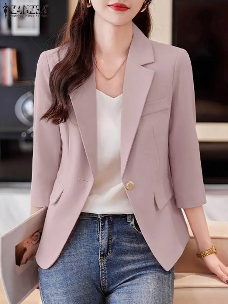 Fashion Women OL Work Blazer Autumn Jackets Thin ZANZEA Elegant Lapel Neck 3/4 Sleeve Suits Office Lady Coats Solid Outwear