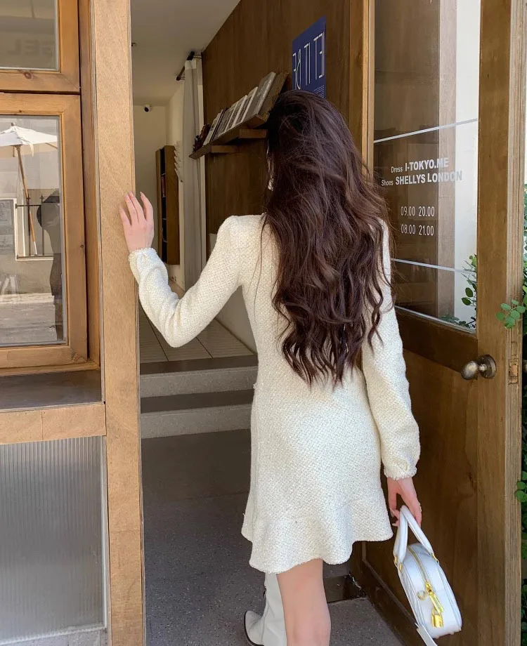 Elegant Short Dress European Style Tweed Lapel Beading Button Long Sleeve Fashion Dresses For Women 2025 Spring Summer 9896