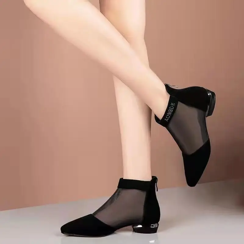 Mesh Boots Women's 2024 Spring and Summer New Low-heeled Thick-heeled Sandals High-heeled Hollow Shoes 35-40 Large Size Zipper