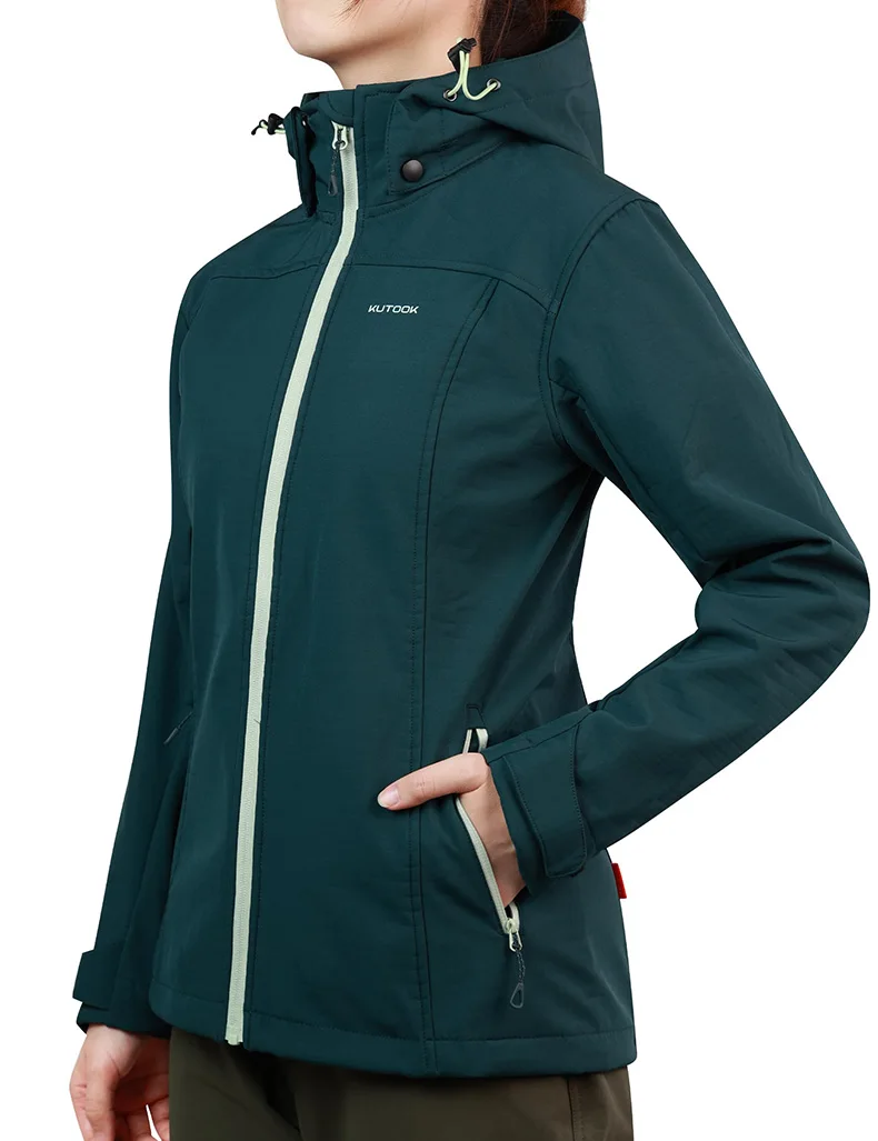 KUTOOK Women's Hiking Softshell Jackets Lightweight Fleece Sportswear Clothing Removable Hood with Pockets for Climbing Travel