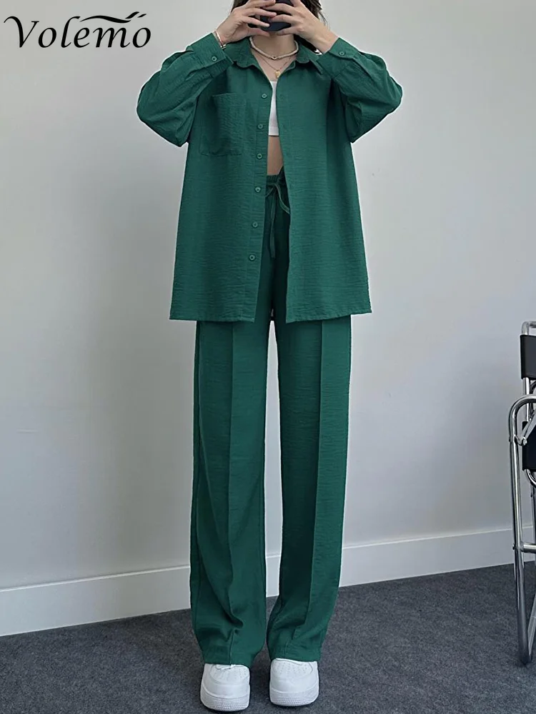 

Solid Women Pajamas Two Pieces Set Long Sleeve Button Shirt Loose Wide Leg Trouser Sleepwear Suit Outfits Ladies Sporty Suits