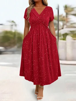 Ladies' elegant plus size powder sprinkled shiny twisted knot with pockets V-neck dress 1
