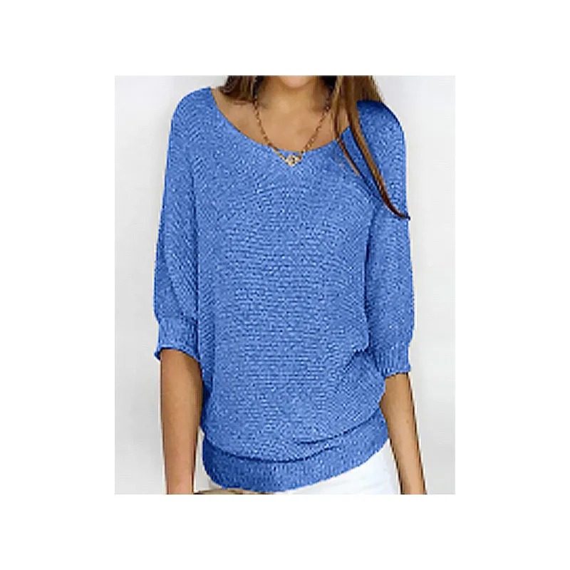 

Autumn Solid Blue Purple Black Red Green O-Neck Knitted Shirt 3/4 Sleeves Loose Top 2023 Casual Knitting Pullover Women Sweater