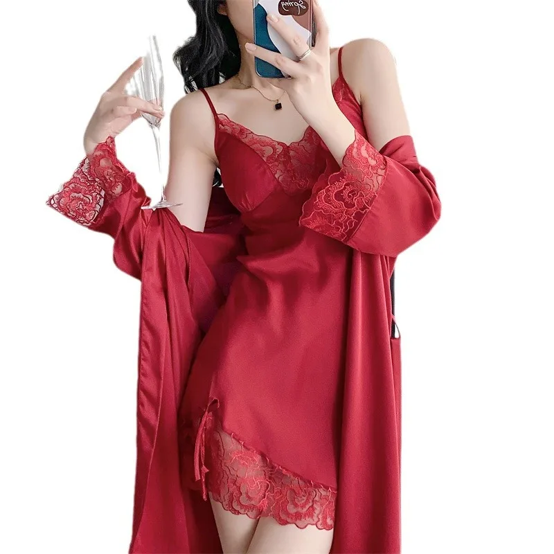 Twinset طقم حمام نسائي من الدانتيل وثوب نوم كيمونو...