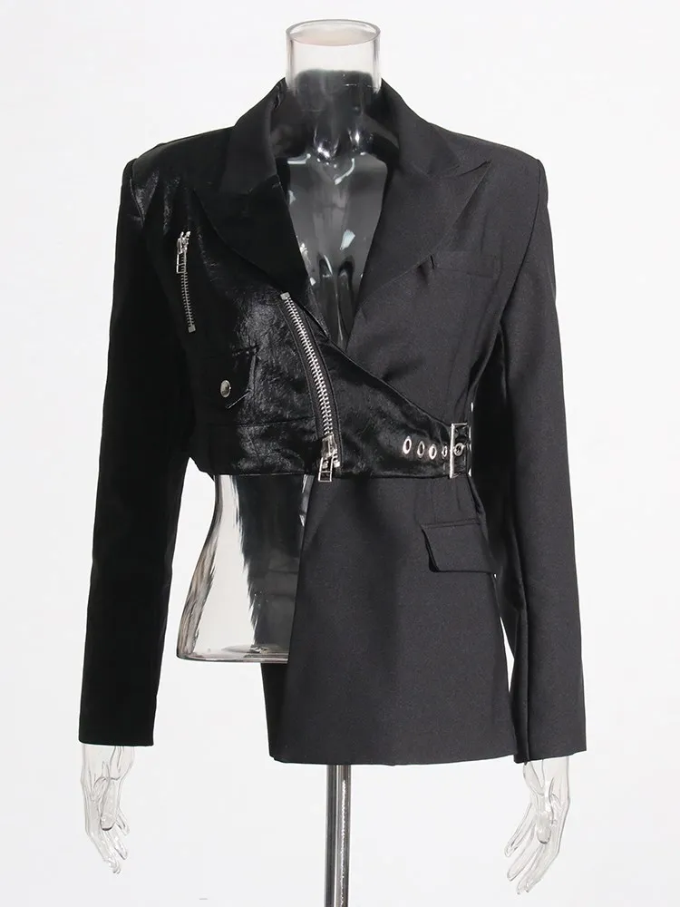 KBQ Spliced Zipper Asymmetrical Black Blazer For Women Notched Collar Long Sleeve Patchwork Pocket Temperament Blazers Female
