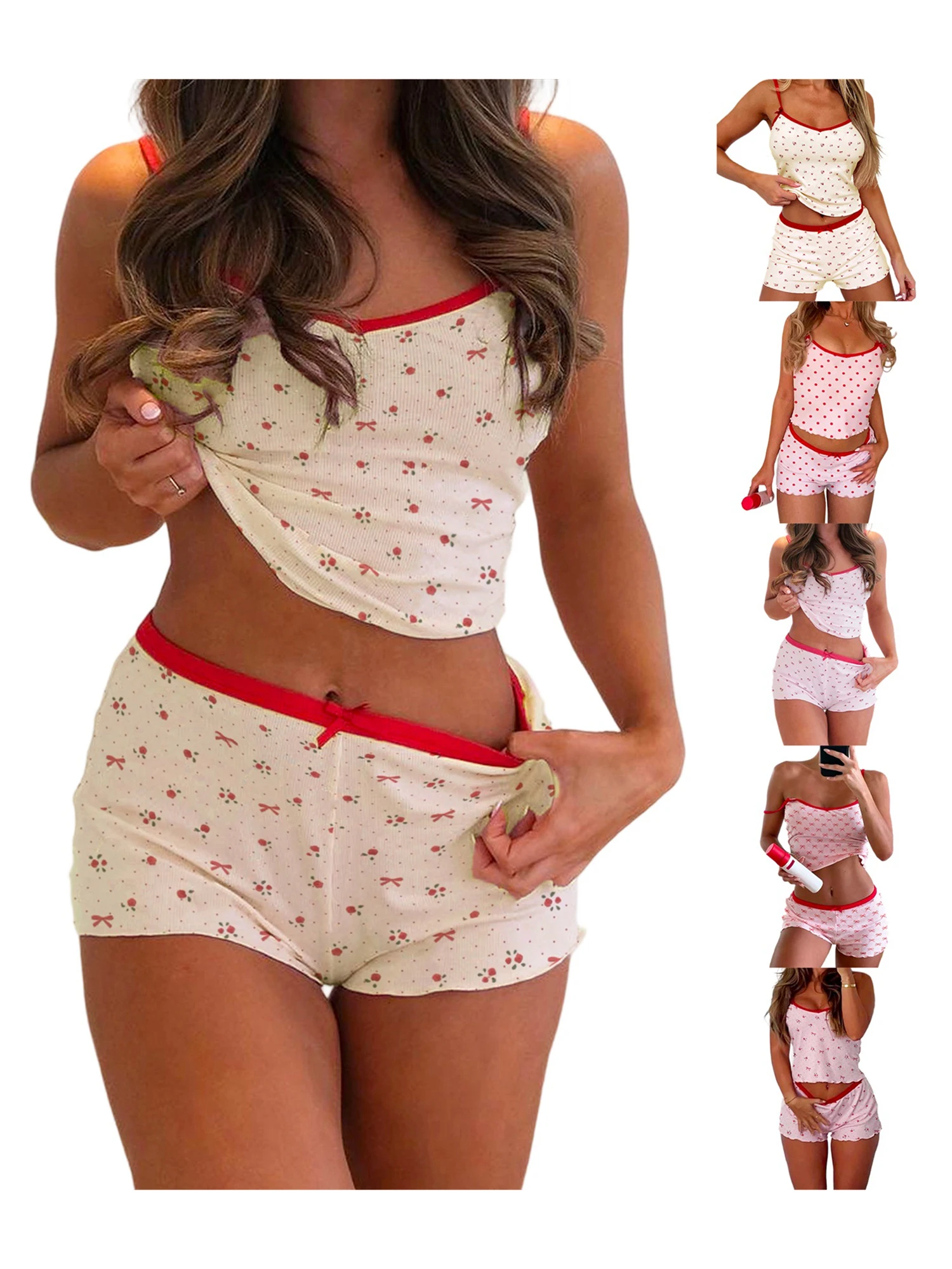 Elegant Floral and Polka Dot Print Pajama Set for Women featuring  Fit Cami Top and Low Waist Shorts for Comfortable