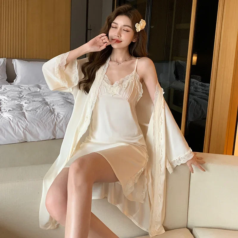 

Twinset Robe Suit Women Rayon Kimono Sleepwear Sleepdress Homewear Summer Bathrobe Gown Set Lace Nightgown Loungewear