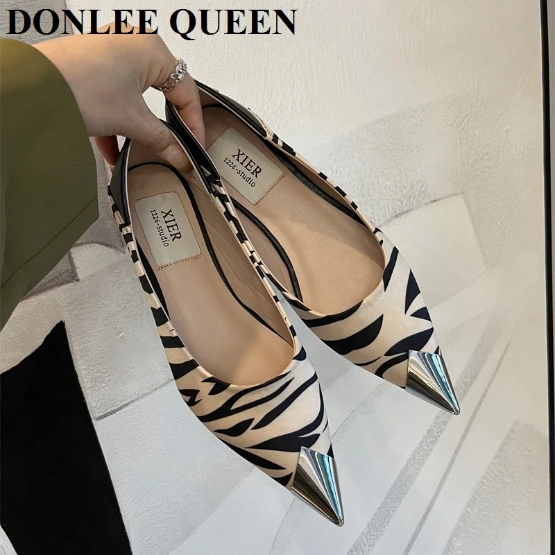 

New Fashion Metal Pointed Toe Flats Shoes Women Slip On Loafer Comfortable Ballet Zebra Pattern Ballerina Brand Zapatillas Mujer