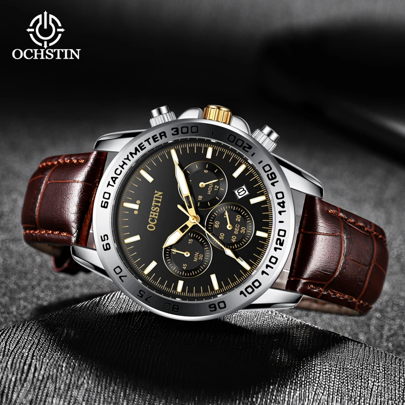 Men's Fashion Watch Luxury Black leather Quartz watch Men's Business Watch Men's Calendar Clock OCHSTIN
