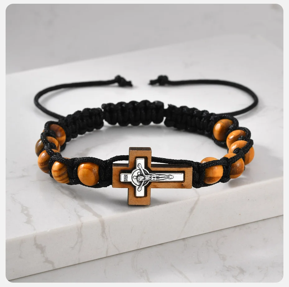 Kruzifix-Kreuz-Perlenarmbänder für Männer, braunes Holzperlenarmband, verstellbares gewebtes Rosenkranz-Armband, religiöser Schmuck. – Detail 5